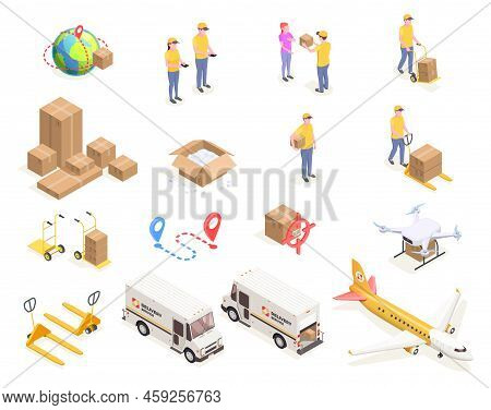 Delivery Logistics Shipment Isometric Icons Set With Isolated Images Of Cardboard Boxes And People I