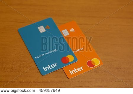 Minas Gerais, Brazil - July 09, 2022: Inter Bank Logo Credit Card And Mastercard Brand