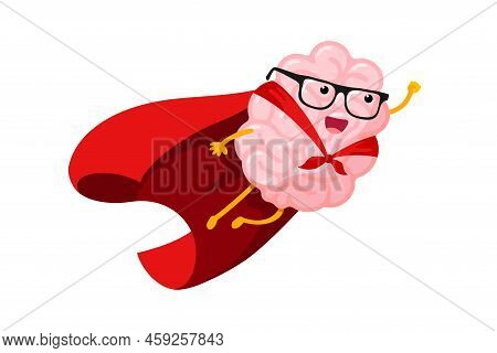 Cartoon Human Brain Fly In Sky As Super Hero. Clever Central Nervous System Mascot Superhero With Gl