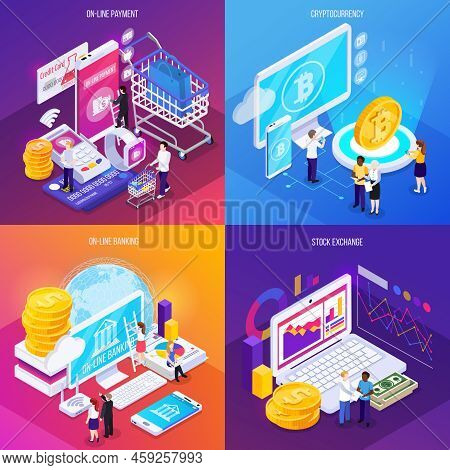 Financial Technology Isometric Design Concept Electronic Payment Crypto Currency Online Banking Stoc
