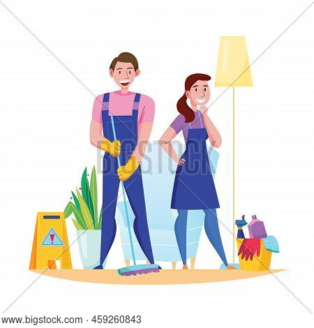 Professional Cleaning Service Team Duties Accessories Flat Composition With Man Woman In Uniform Swe