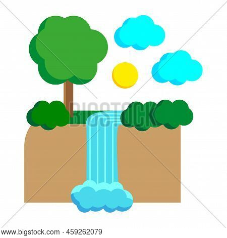Green Cartoon Landscape Waterfall. Vector Illustration. Stock Image.