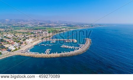 Aerial Bird's Eye View Of Zygi Fishing Village Port, Larnaca, Cyprus. The Fish Boats Moored In The H
