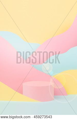 Fantasy Cartoon Abstract Scene Mockup - Round Pink Podium, Mountain Landscape - Pink, Yellow, Mint C