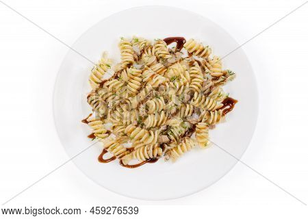Prepared Spiral Pasta, Also Known As Fusilli Or Rotini Pasta Mixed With Stuffing Of Boiled Chopped P
