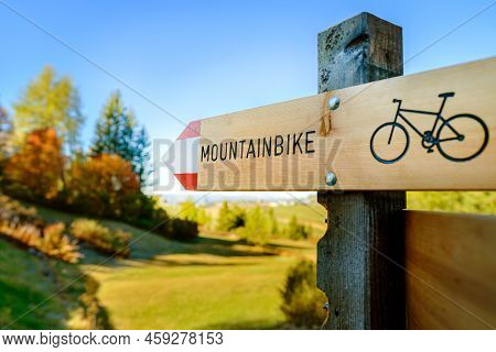 A Wooden Road Sign Showing A Direction For A Mountainbike Path. A Sunny Autumn Day For A Bike Tour T