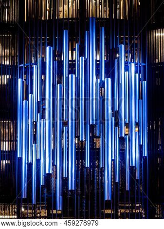 Pipe Organ At Organ Hall Of A Philharmonic. Steel Tubes Of Pipe Organ In Modern Philharmonic Hall