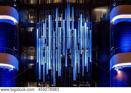 Pipe Organ At Organ Hall Of A Philharmonic. Steel Tubes Of Pipe Organ In Modern Philharmonic Hall