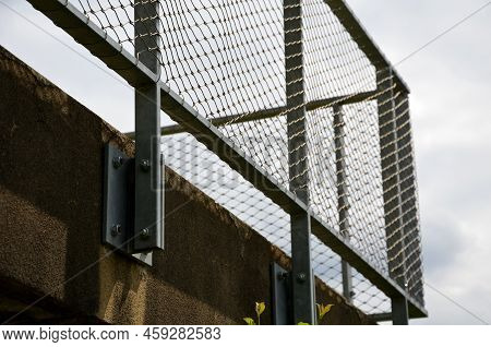 Terrace Fencing, Railings Of Metal Pipes Filled With Steel Cables Cable Mesh. Fencing Wire Stainless