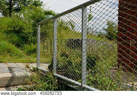 Terrace Fencing, Railings Of Metal Pipes Filled With Steel Cables Cable Mesh. Fencing Wire Stainless