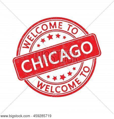 Welcome To Chicago. Impression Of A Round Stamp With A Scuff. Flat Style