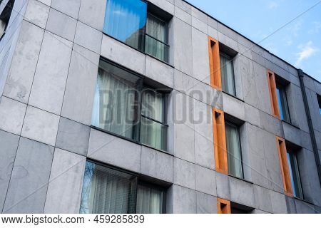 Exterior Of Modern Architecture. Black Windows, The Facade Of A Modern Office Building, A Shopping C