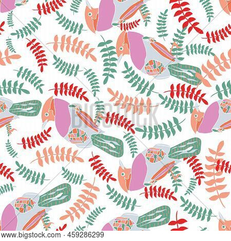 Colorful Abstract Vector Hummingbird And Leaves Pattern Background.