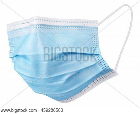 Blue Medical Protective Face Or Surgical Earloop Mask Isolated On White Background With Clipping Pat