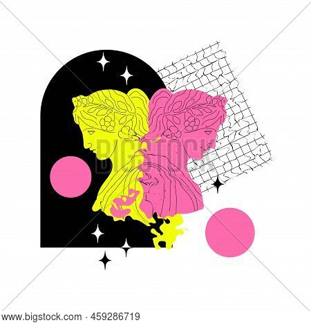 Psychedelic Sculptures. Abstract Contemporary Poster Or Print. Trippy Greek Surreal Antique Woman Fa