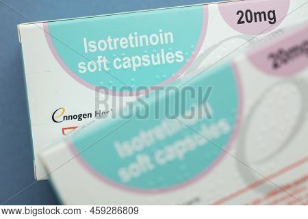 London, Uk - August 2022: Packs Of Isotretinoin Or Roaccutane Tablets Used To Treat Severe Acne