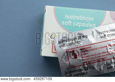 London, Uk - August 2022: Packs Of Isotretinoin Or Roaccutane Tablets Used To Treat Severe Acne