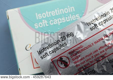 London, Uk - August 2022: Packs Of Isotretinoin Or Roaccutane Tablets Used To Treat Severe Acne