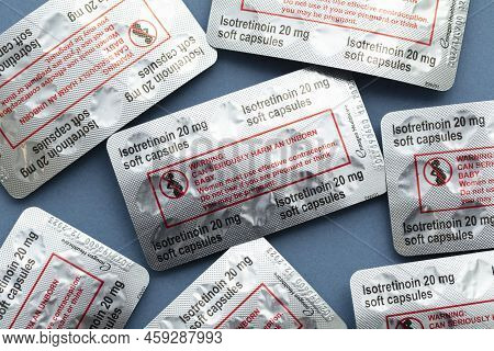 London, Uk - August 2022: Packs Of Isotretinoin Or Roaccutane Tablets Used To Treat Severe Acne