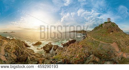 Aerial Sunset View Panorama Of Punta Parata Of Ajaccio Town By The Sanguinaires Islands. Parata Towe