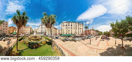 Ajaccio, Corsica, France - June 2022: Aerial 360 Degrees Panorama Of Foch Square With The Statue Of 
