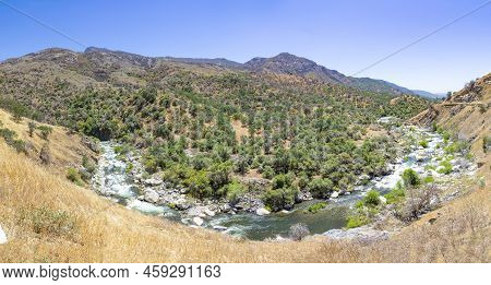 Scenic Landscape At Middle Fork Kaweah River At Entrance Of Sequoia Tree National Park Near Three Ri