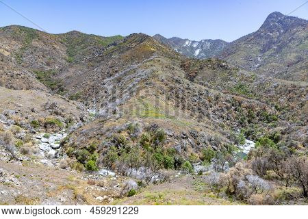 Scenic Landscape At Middle Fork Kaweah River At Entrance Of Sequoia Tree National Park Near Three Ri