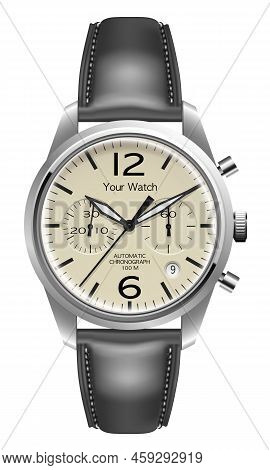 Realistic Wristwatch Chronograph Silver Grey Leather On White Background Design Luxury Vector Illust