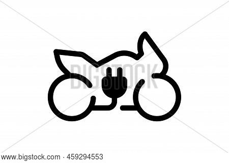 Electric Sportbike Icon. Black Cable Electrical Motorcycle Linear Contour And Plug Charging Symbol. 