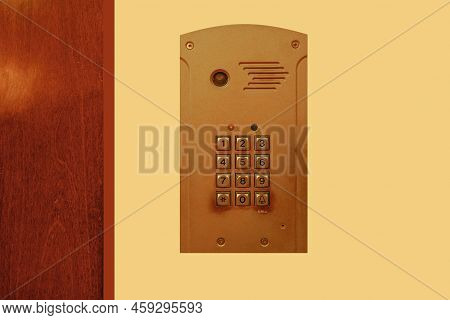 Close-up Push-button Lock Of Entrance Doors. Video Intercom System On Wall To Enter Office. Intercum