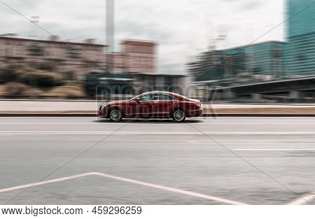 Moscow, Russia - June 2022: Car Mercedes Cls Class On The Road In Motion. Fast Speed Drive On City R