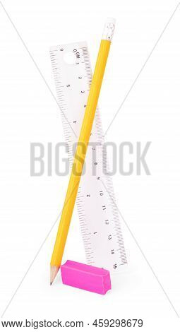 Multi-colored Pencils, Eraser, Ruler, Sharpener And Compasses On A White Background.