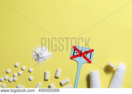 Titanium Dioxide, E171, Dangerous Additive Concept. Gum, Pills, Toothpaste, Powder And Sign With E17
