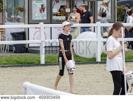 Moscow, Russia, 2022.07.09. Popular Recreation Park Vdnkh. A New Sport Direction Is Hobbyhorsing, Wh