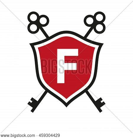 Letter F Real Estate Logo Design Concept With Crossed Key Sign. Key Real Estate Logotype On Shield S