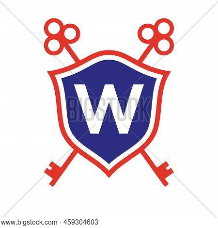 Letter W Real Estate Logo Design Concept With Crossed Key Sign. Key Real Estate Logotype On Shield S
