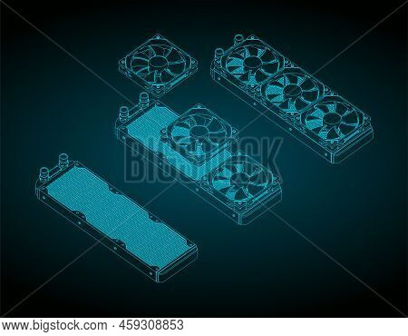 Computer Liquid Cooling System Isometric Blueprints