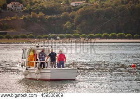 Piran, Slovenia - September 17, 2021: Fishing Boat With Slovenian Fishermen Ready To Go To The Adria