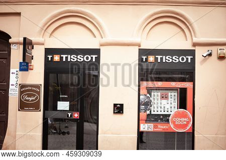 Ljubljana, Slovenia - September 19, 2021: Tissot Logo On Their Jewelry Boutique In Ljubljana. Tissot