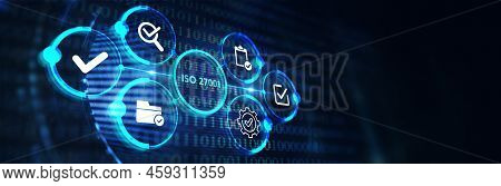 Iso 27001 Standard Certification Standardisation Quality Control Concept On Screen 3d Illustration