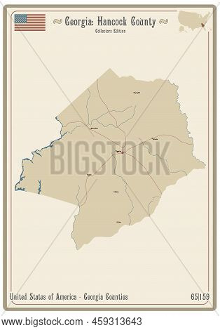 Map On An Old Playing Card Of Hancock County In Georgia, Usa.