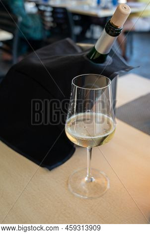 Drinking Of Txakoli Or Chacolí Slightly Sparkling Very Dry White Wine Produced In Spanish Basque Cou