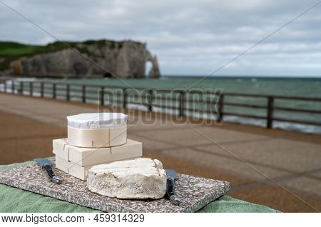 Cheeses Of Normandy, Round Camembert Cow Cheese From Calvados Region And Heartshaped Neufchatel From