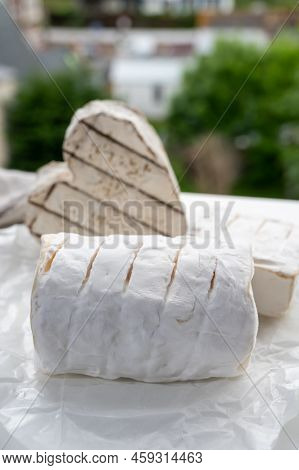 French Cheeses Heartshaped, Squared And Cylindrical Neufchatel Cow Cheese With Mold On White Paper,
