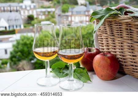 Tasting Of Strong Alcoholic Drink Calvados Made From Apples In Normandy, Calvados Region, France