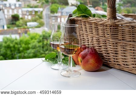 Tasting Of Strong Alcoholic Drink Calvados Made From Apples In Normandy, Calvados Region, France