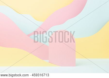 Modern Vapor Wave Style Stage Mockup With Pink Round Niche Podium, Pastel Mountain Landscape - Pink,