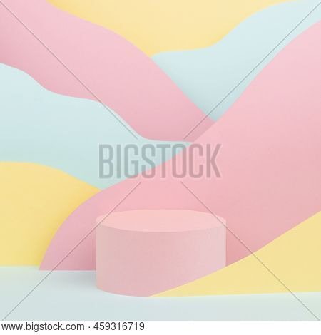 Funny Children Abstract Stage - Pink Round Podium Mockup, Mountain Landscape - Pastel Pink, Yellow, 