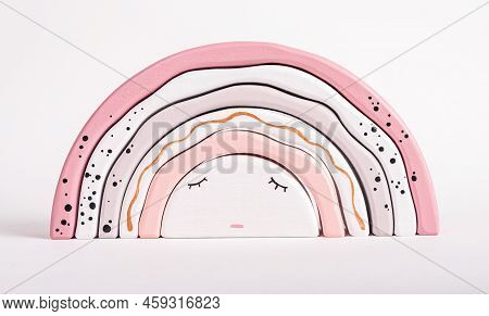 Wooden Rainbow Stacking Toy From Arcs. Children Sleep Concept. Pretty Game For Toddler In Tender Pin