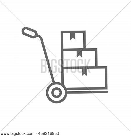 Mechanization. A Hand Cart With Boxes. Linear Vector Illustration. Icon For Loading, Unloading And T